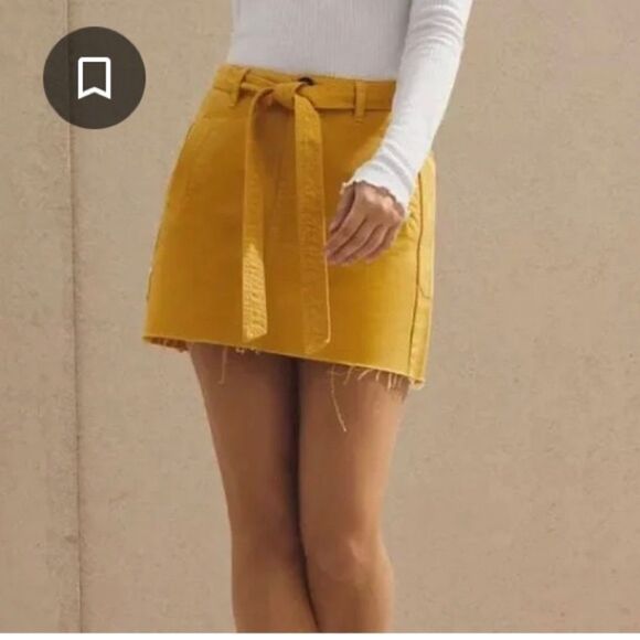 Pacsun mini skirt yellow denim belt tie w pockets raw hem 24 - Picture 1 of 6